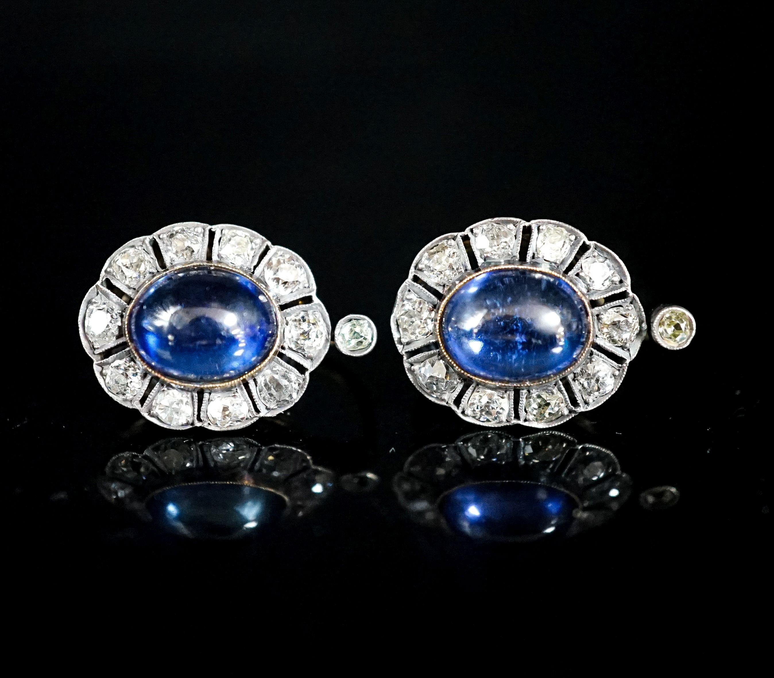 A pair of 19th century gold and silver, cabochon sapphire? and diamond set oval cluster earrings, set with old mine cut diamonds, 20mm, gross 6.9 grams.